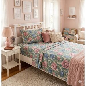 Lady Pepperell Sheet Set Twin Cottage Floral Ikat Vintage Percale 3pc Made USA